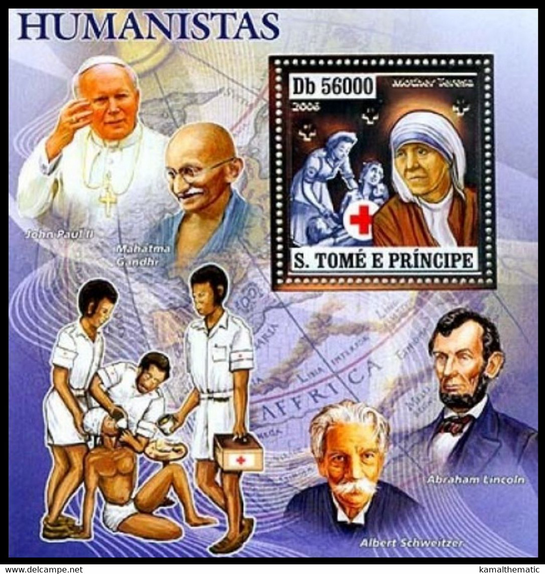 Sao Tome 2006 MNH MS, Silver Embossed Odd Stamps, Nobel, Teresa, Gandhi, Nursing, Red Cross, Medicine, Pope, A.Lincoln - Madre Teresa