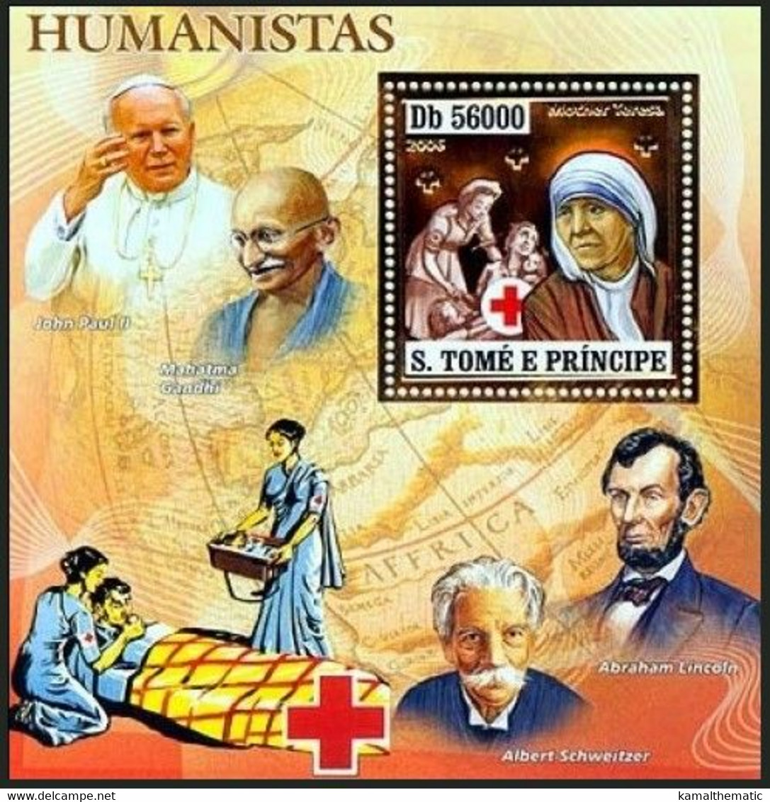 Sao Tome 2006 MNH MS, Gold Foil Embossed Odd Stamps, Teresa, Gandhi, Nursing, Red Cross - Mère Teresa