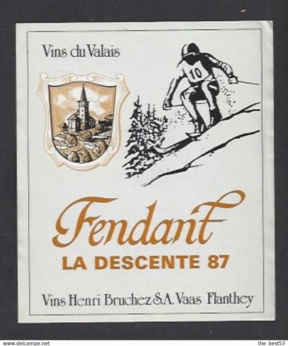 Etiquette De Vin Fendant  -  La Descente 87  à  Crans Montana (Suisse) - Thème Ski - Ski