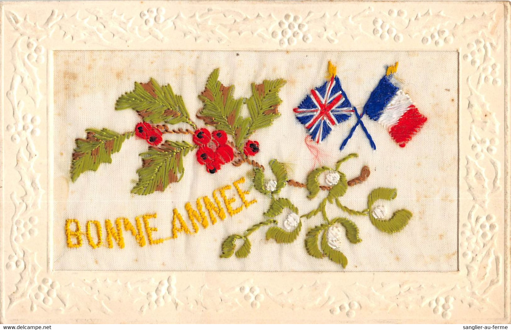 CPA FANTAISIE PATRIOTIQUE BRODEE FRANCE ALLIEE ANGLETERRE BONNE ANNEE - Brodées