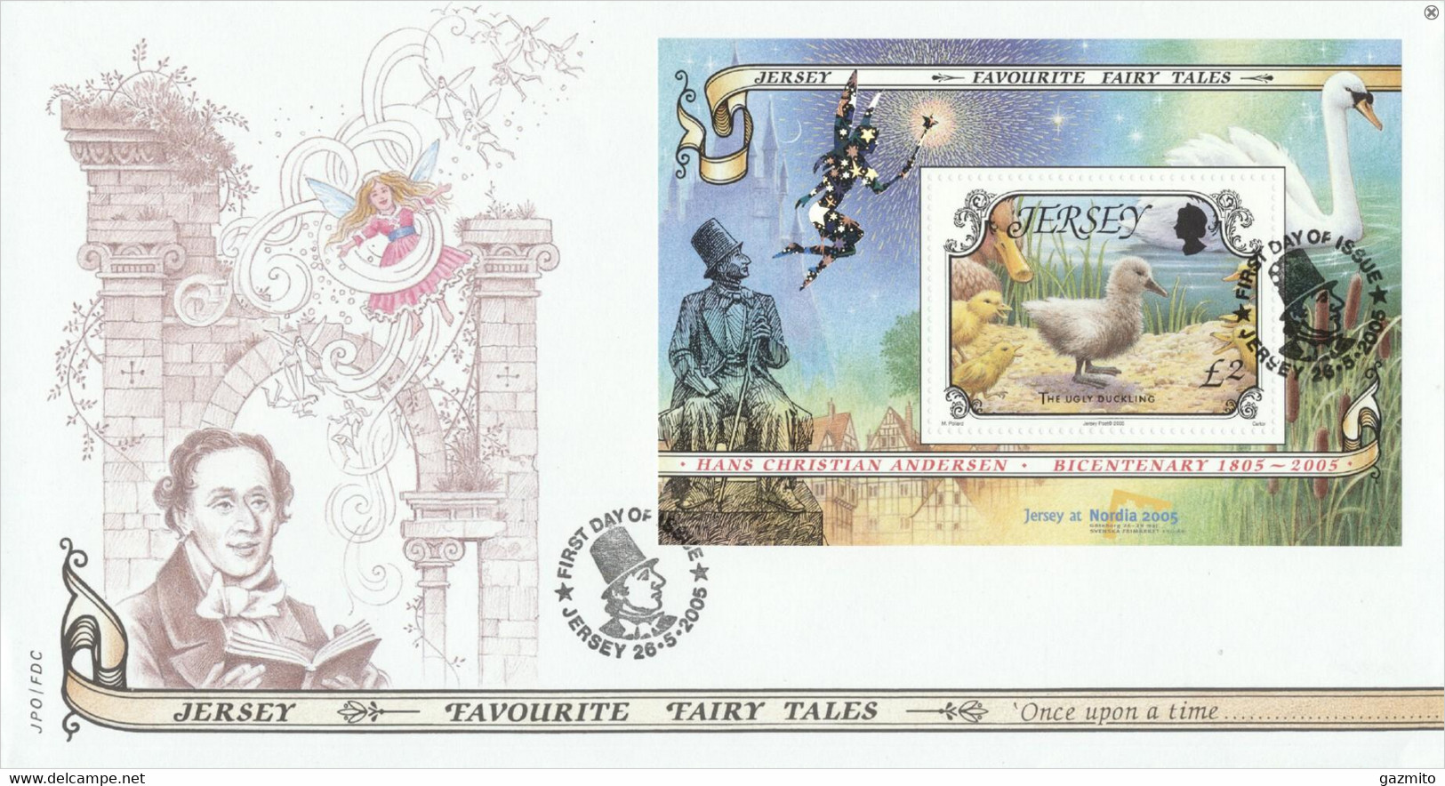 Jersey 2005, Fairy Tales, 200th Andersen, Swan, Block In FDC - Schwäne