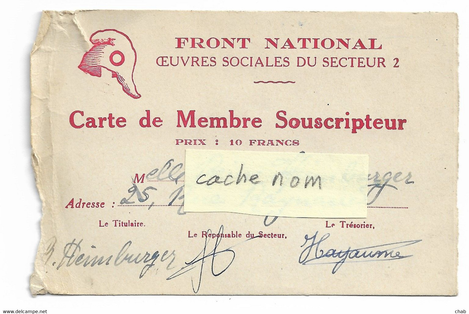 FRONT NATIONAL - Carte De Membre Souscripteur - WW2 - Guerre 1939 1945 - MILITARIA - - Documentos Históricos