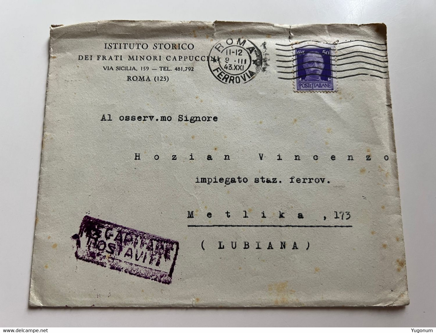 WWII Slovenia / Italy  1943 Letter Sent From Roma To Metlika / Lubiana (No 682) - Ljubljana