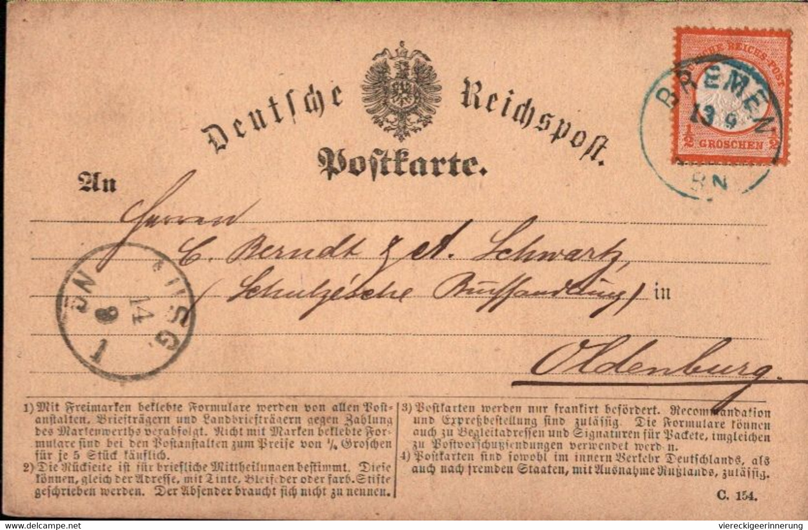 ! 1873 Bremen An August Schwartz Schulzsche Buchhandlung, Oldenburg, Verleger Der 1. Deutschen Ansichtskarten Precurseur - Stamps (pictures)