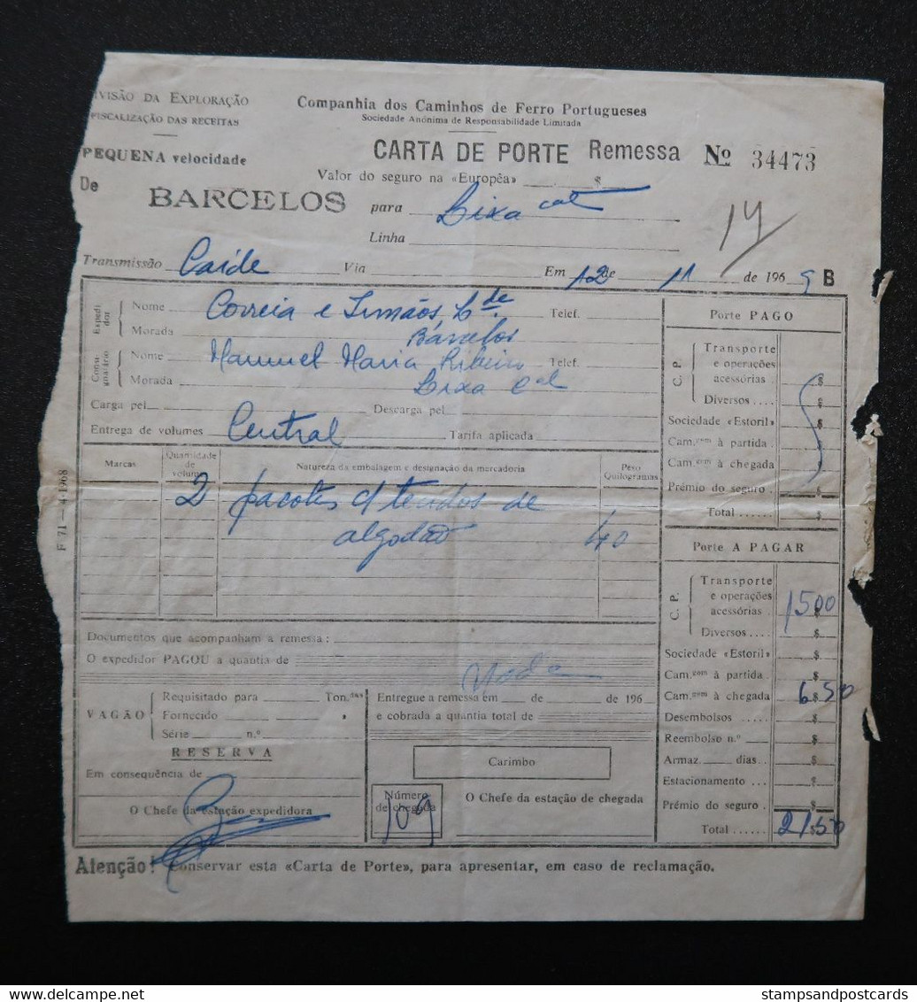 Portugal Carta De Porte 1969 Colis Par Chemin De Fer Barcelos A Lixa Parcel By Railway - Cartas & Documentos