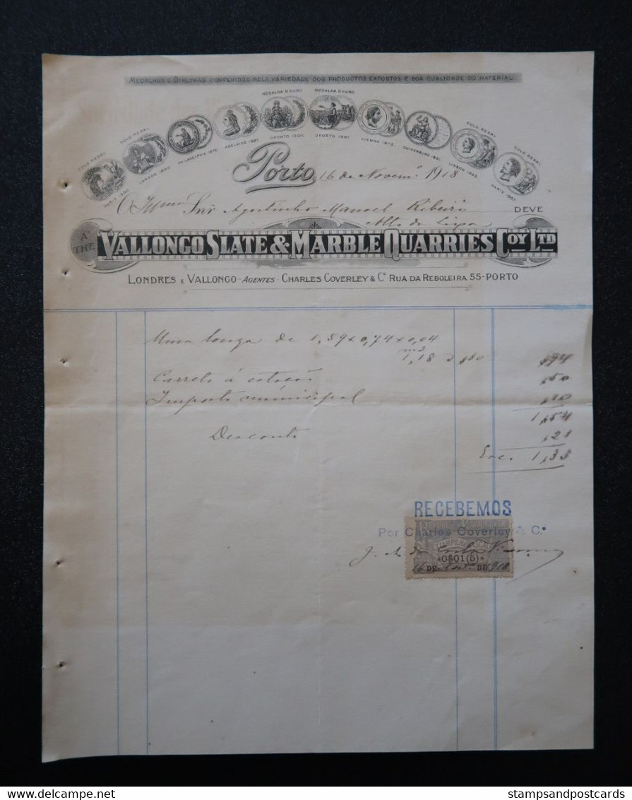 Portugal Reçu 1918 Carrières Ardoise Et Marbre Timbre Fiscal Receipt Valongo Slate & Marble Quarries Revenue Stamp - Storia Postale