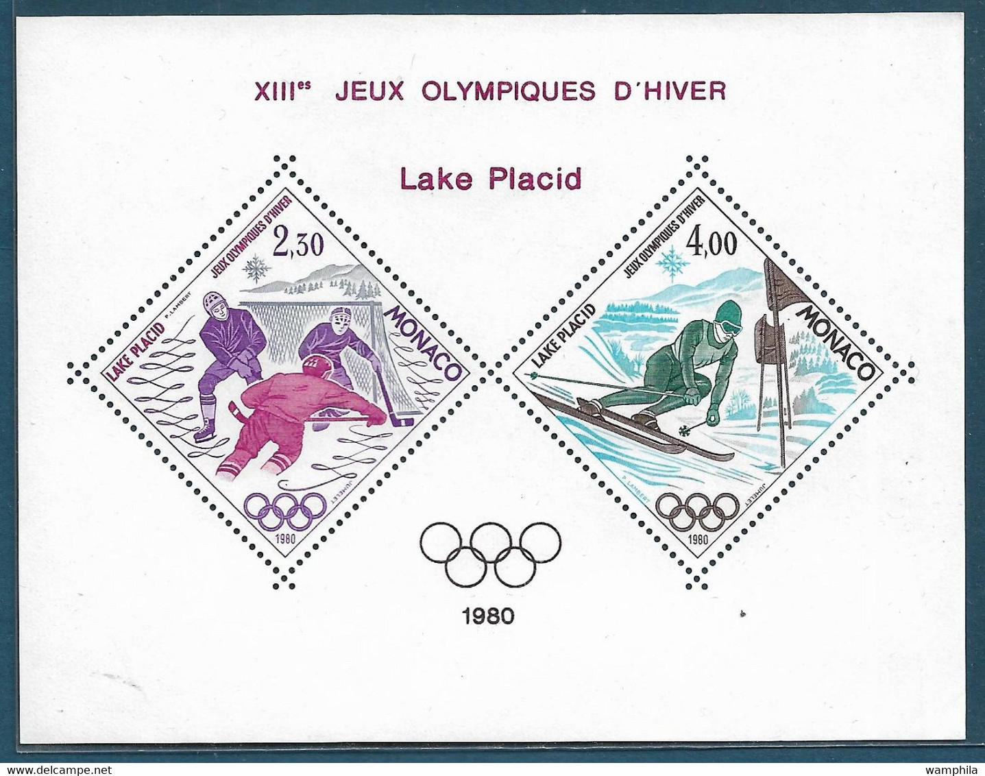 Monaco Bloc Spécial Gommé N°12**. 1980 J.O De Lake Placid. Hockey Sur Glace Et Ski Slalom. Cote 300€ - Blocks & Sheetlets