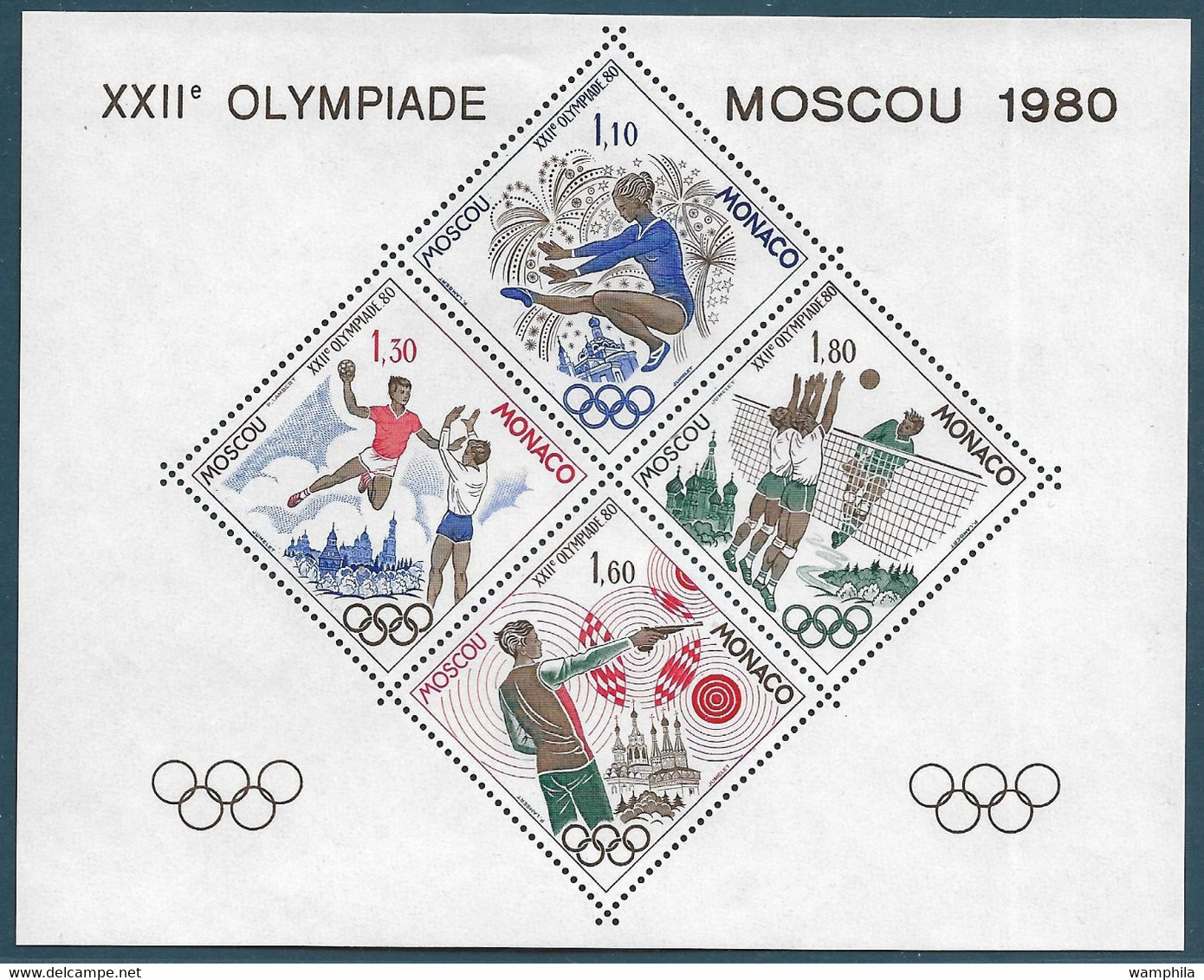 Monaco Bloc Spécial Gommé N°11**.1980 J.O De Moscou. Gymnastique, Handball, Volley-ball, Tir Au Pistolet. Cote 300€ - Handball