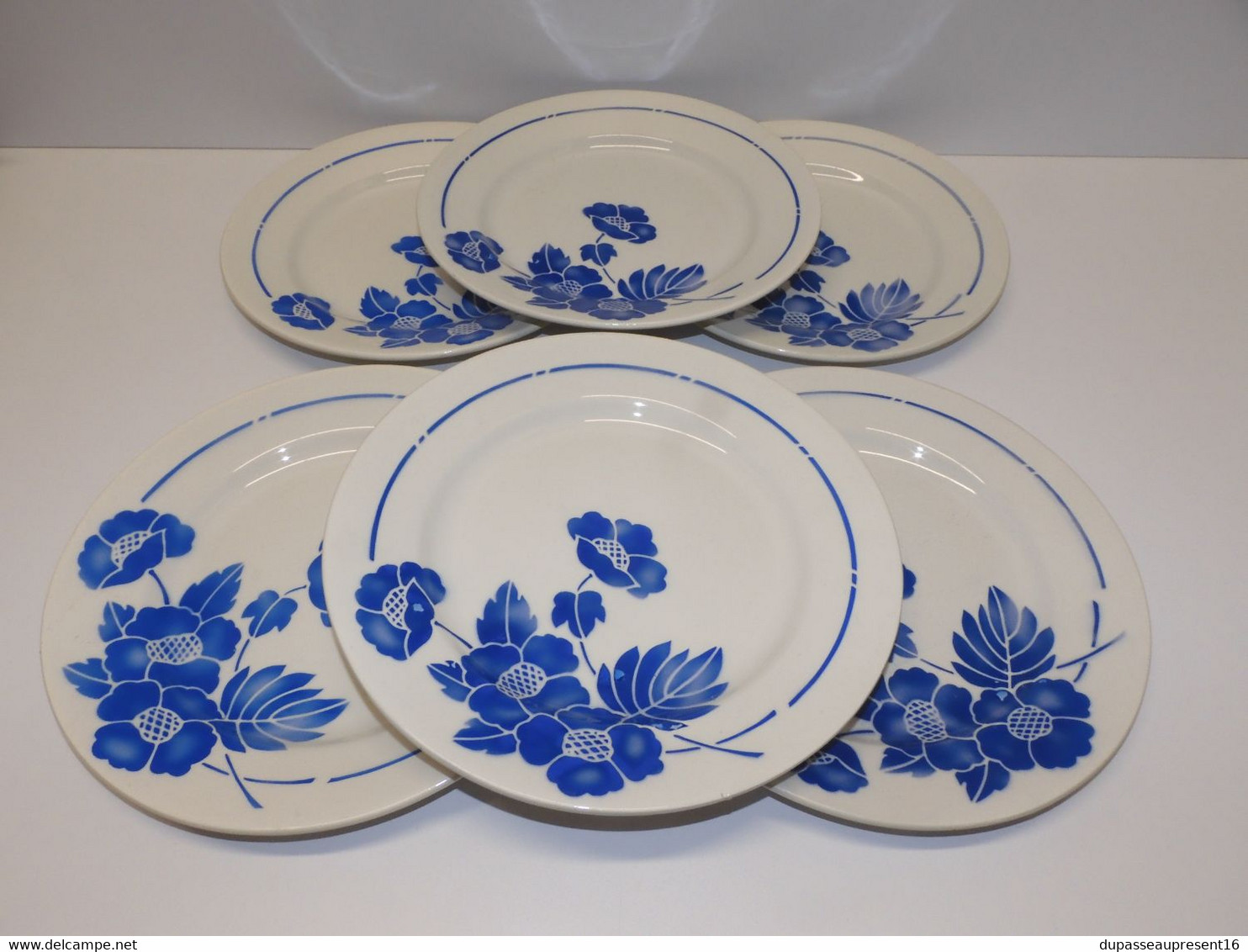 *6 ASSIETTES PLATES MOULIN DES LOUPS HAMAGE modèle EDMOND FLEURS BLEUES   E