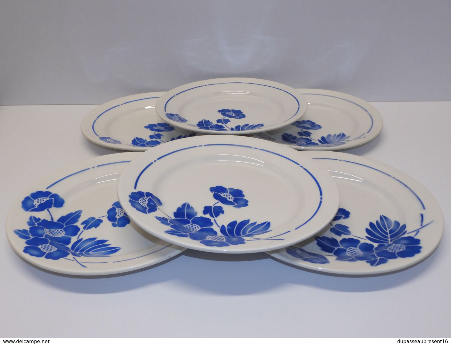 *6 ASSIETTES PLATES MOULIN DES LOUPS HAMAGE modèle EDMOND FLEURS BLEUES   E