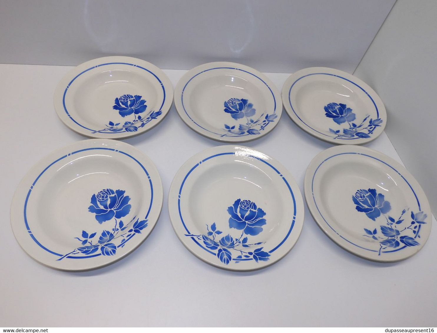 *6 ASSIETTES DEMI CREUSES MOULIN DES LOUPS HAMAGE Mod. RIGOBERT ROSES BLEUES  E - Orchies/Moulin Des Loups (FRA)