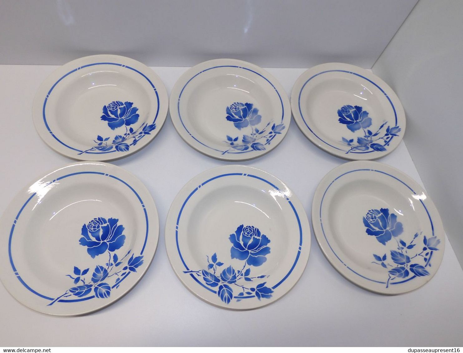 *6 ASSIETTES DEMI CREUSES MOULIN DES LOUPS HAMAGE Mod. RIGOBERT ROSES BLEUES  E - Orchies/Moulin Des Loups (FRA)