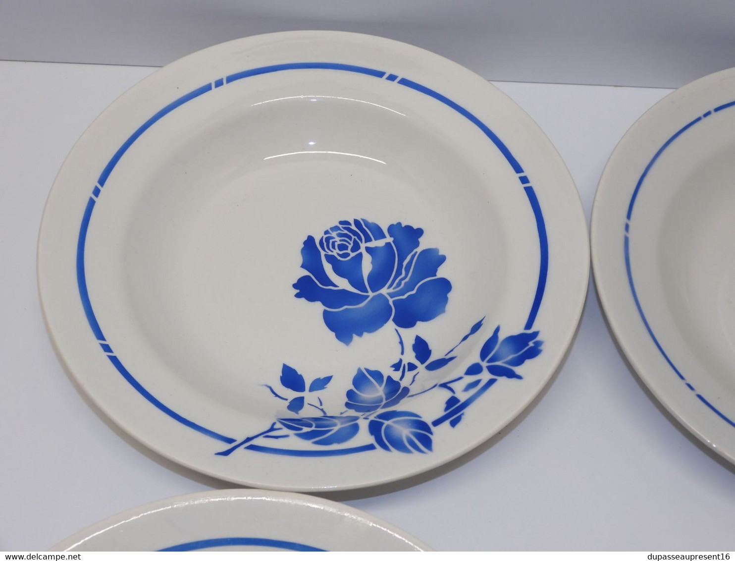 *6 ASSIETTES DEMI CREUSES MOULIN DES LOUPS HAMAGE Mod. RIGOBERT ROSES BLEUES  E - Orchies/Moulin Des Loups (FRA)