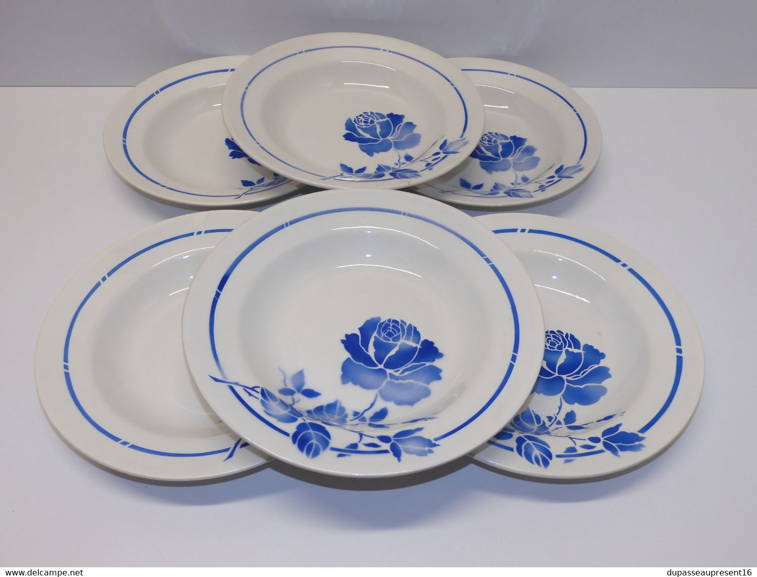 *6 ASSIETTES DEMI CREUSES MOULIN DES LOUPS HAMAGE mod. RIGOBERT ROSES BLEUES  E