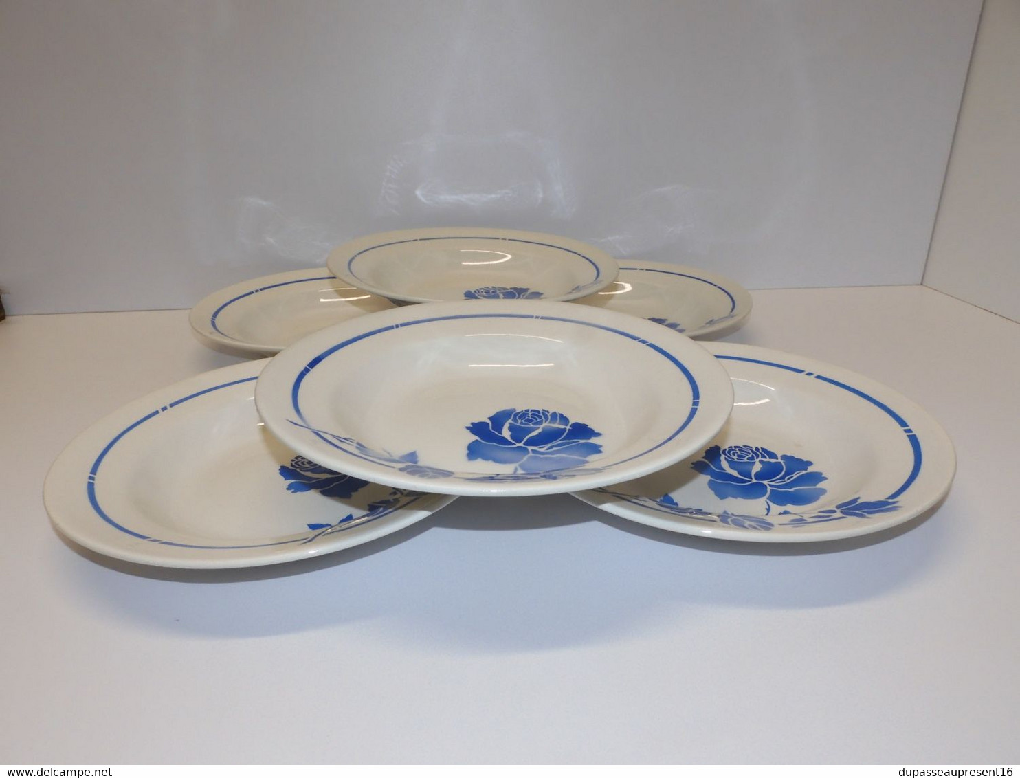 *6 ASSIETTES DEMI CREUSES MOULIN DES LOUPS HAMAGE mod. RIGOBERT ROSES BLEUES  E