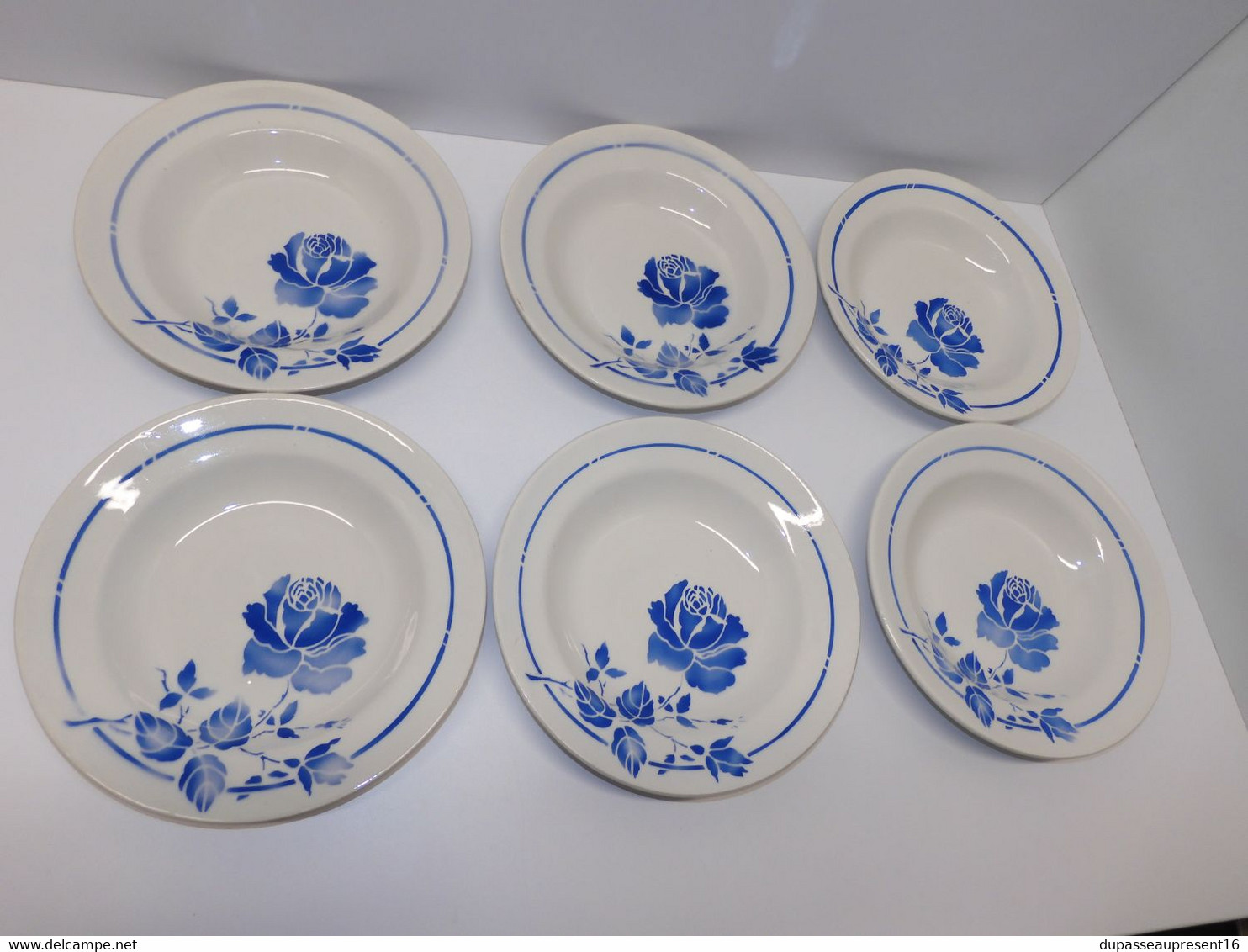 *6 ASSIETTES DEMI CREUSES MOULIN DES LOUPS HAMAGE Mod. RIGOBERT ROSES BLEUES  E - Orchies/Moulin Des Loups (FRA)