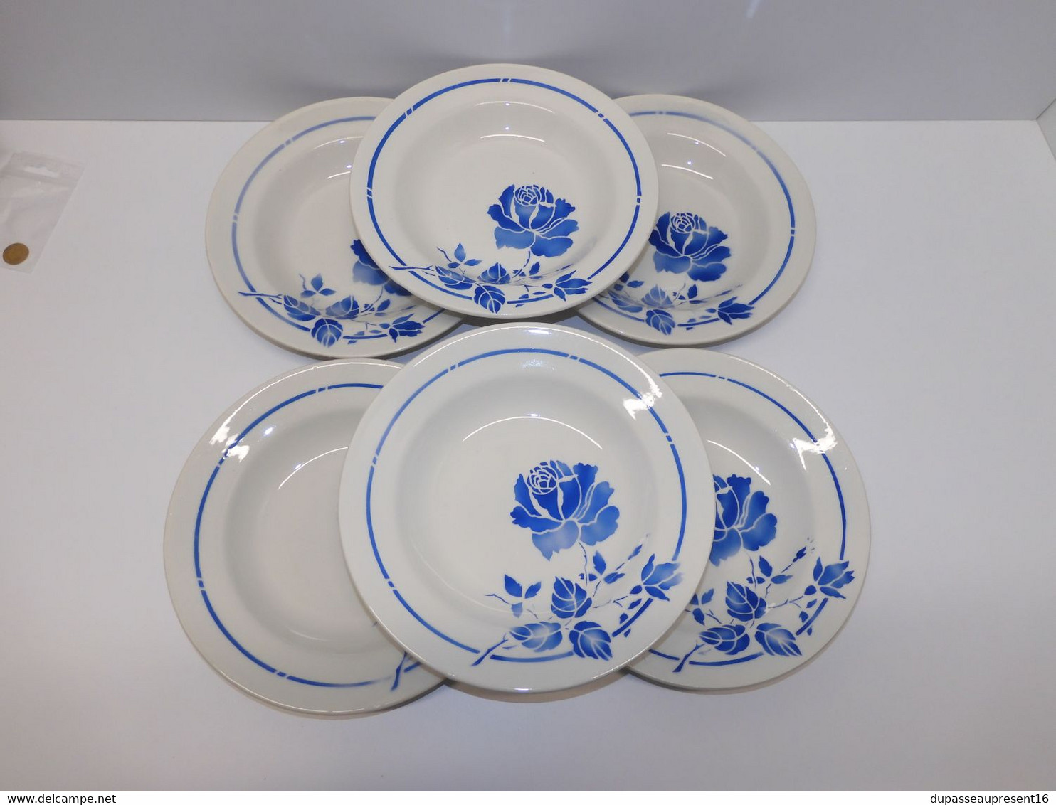 *6 ASSIETTES DEMI CREUSES MOULIN DES LOUPS HAMAGE mod. RIGOBERT ROSES BLEUES  E