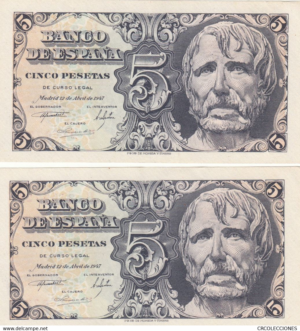 CRBS0405 PAREJA CORRELATIVA BILLETES ESPAÑA 5 PESETA1947 SERIE B SIN CIRCULAR 75 - 5 Pesetas