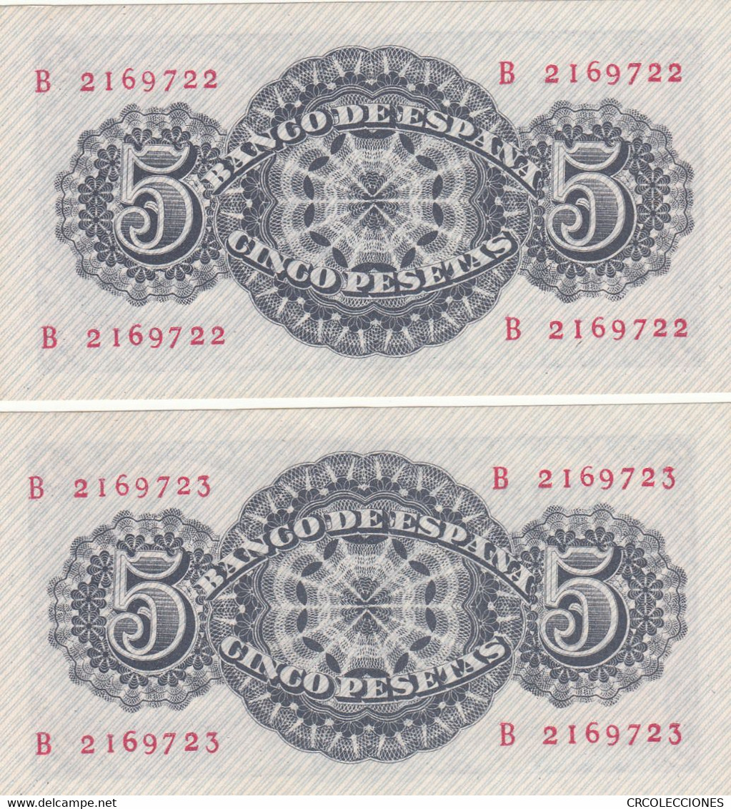 CRBS0405 PAREJA CORRELATIVA BILLETES ESPAÑA 5 PESETA1947 SERIE B SIN CIRCULAR 75 - 5 Pesetas