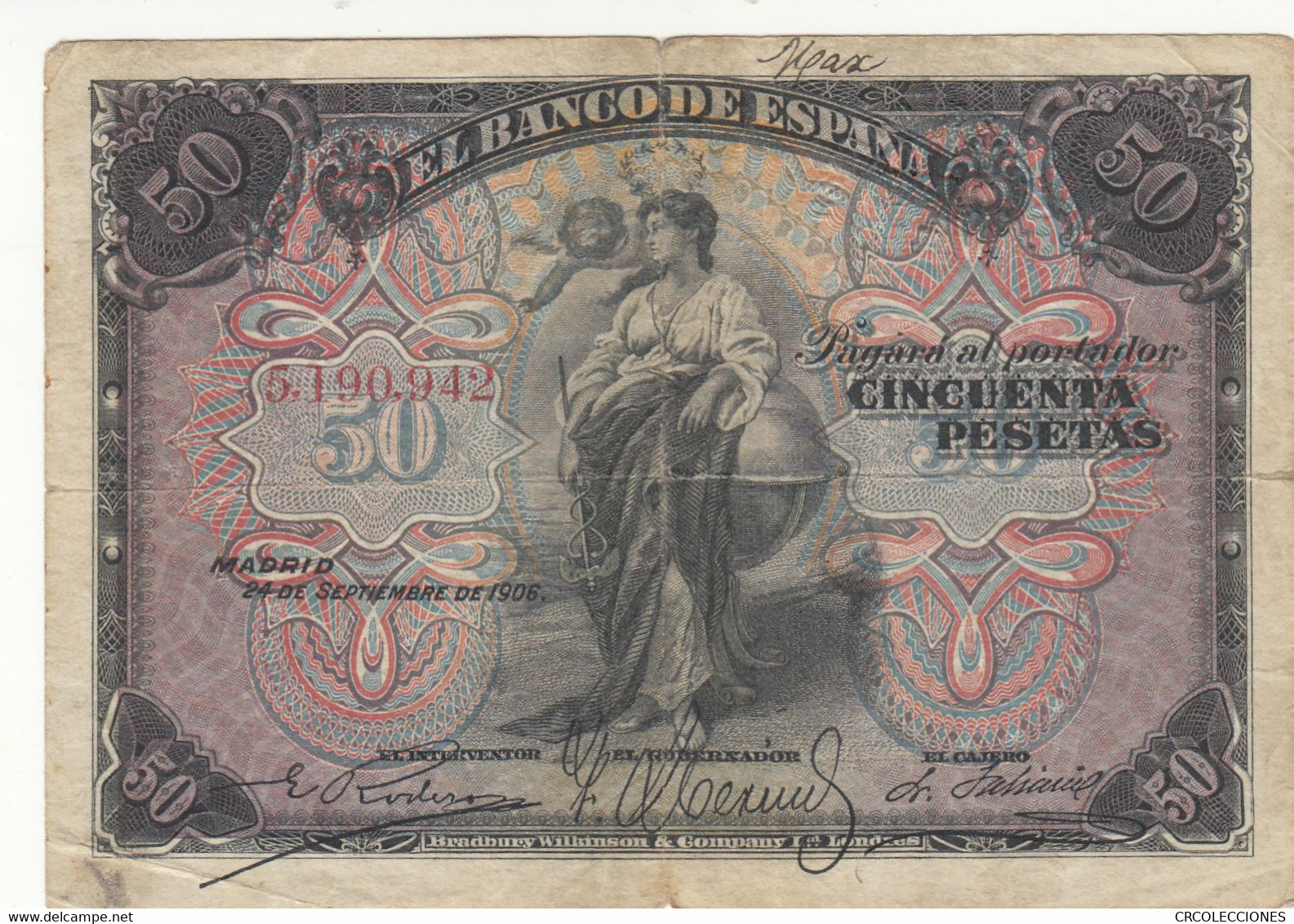 CRBS0411 BILLETE ESPAÑA 50 PESETA1906 CON RESELLO RARO MBC- 70 - 50 Pesetas