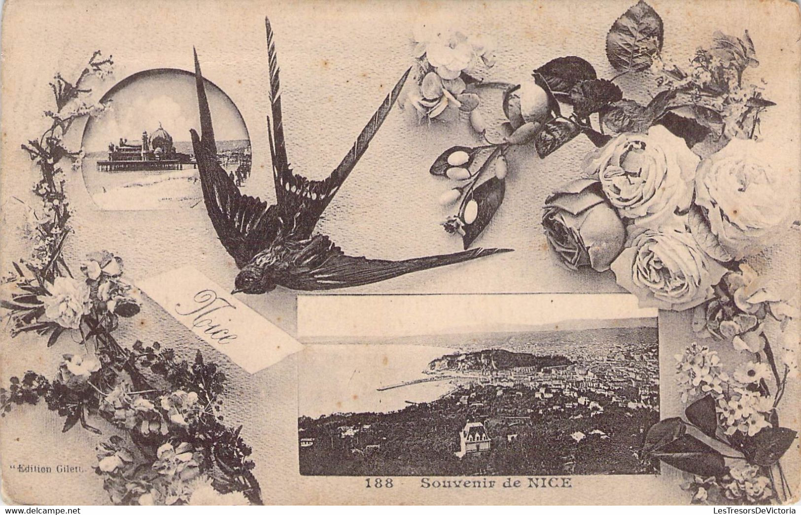 CPA  - Souvenirs De NICE - Hirondelle - Roses - Fleurs Edition Gilette - Saluti Da.../ Gruss Aus...