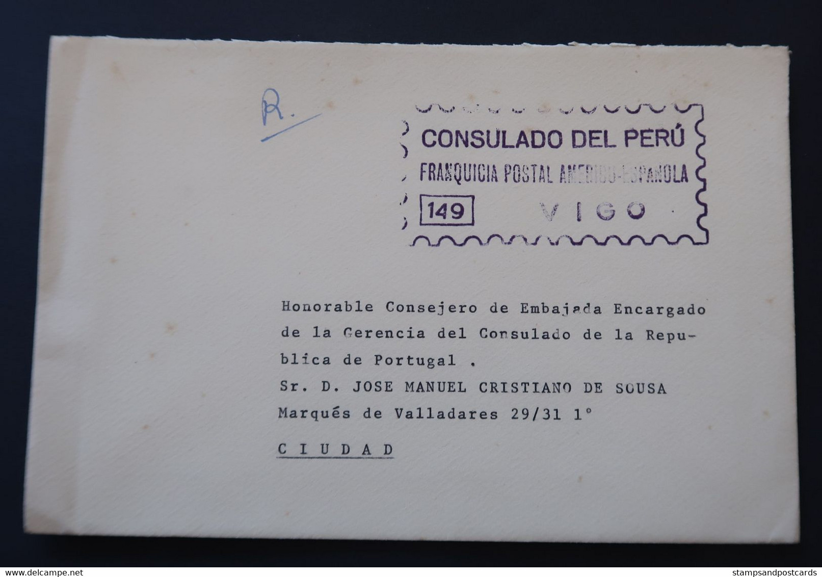 Espagne 1970 Lettre Franchise Postal Vigo Consulat Perú España Franquicia Consulado Peru Official Paid Spain - Franchise Postale