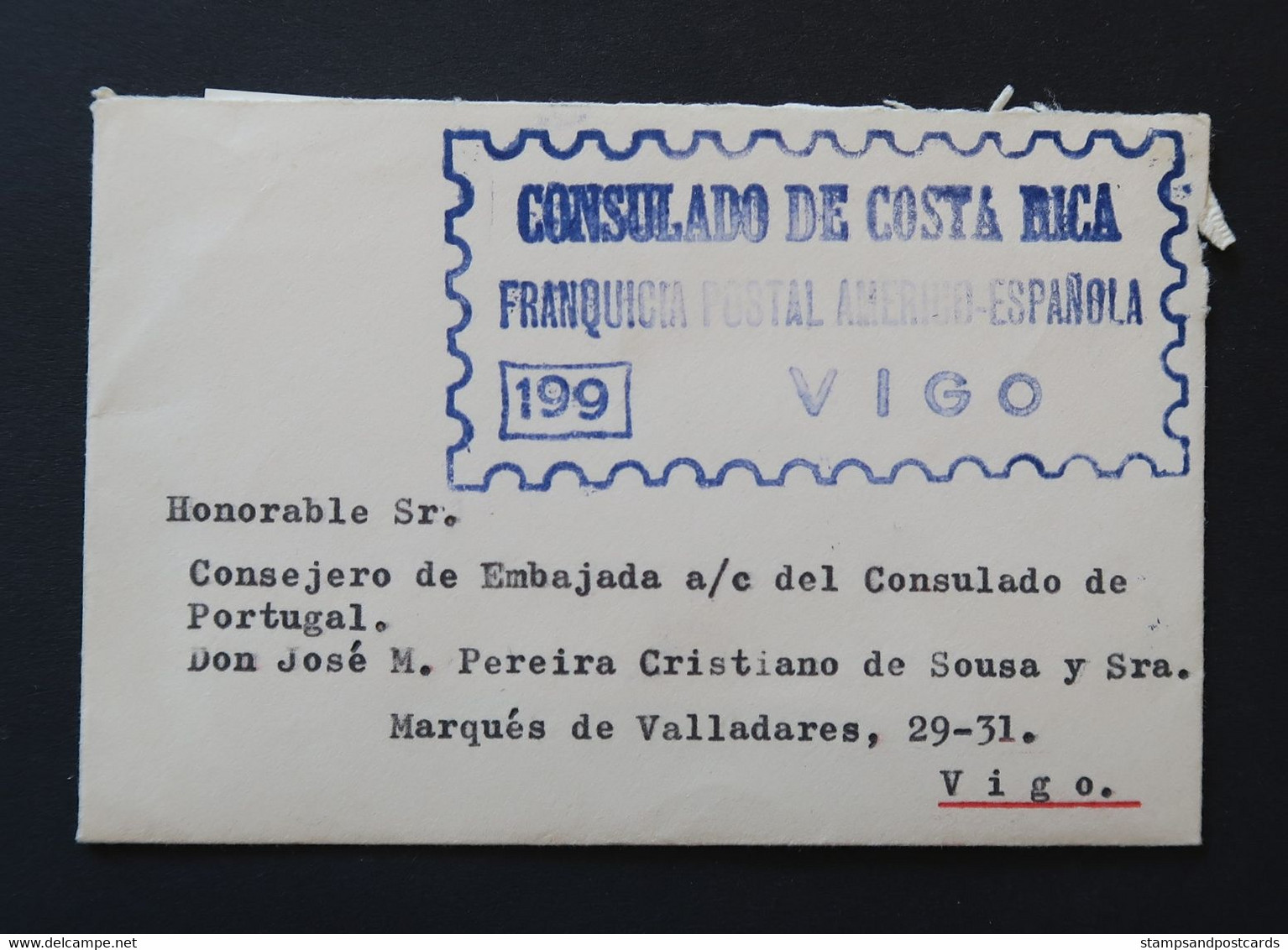 Espagne 1968 Lettre Franchise Postal Vigo Consulat Costa Rica España Franquicia Consulado Costa Rica Official Paid Spain - Vrijstelling Van Portkosten