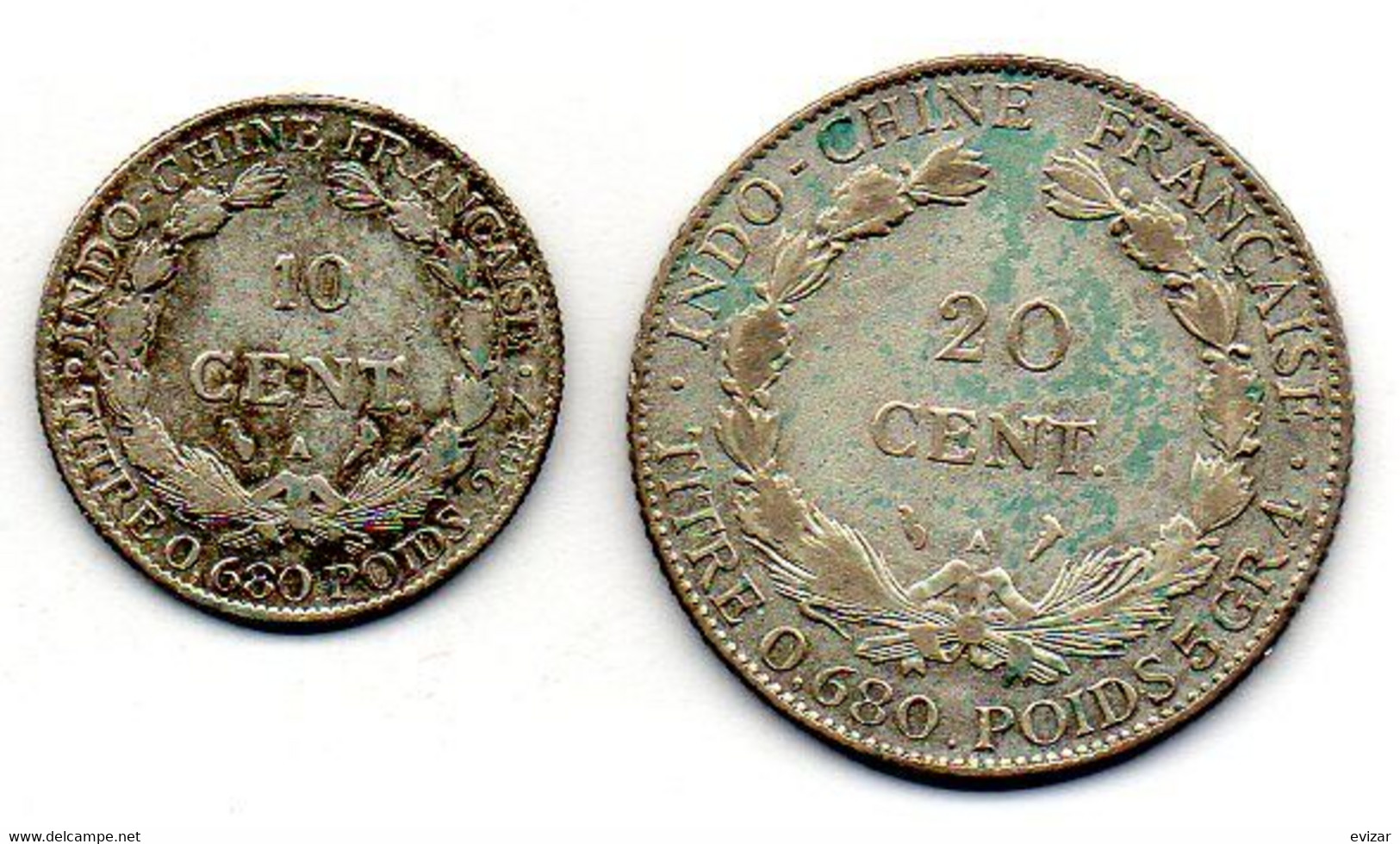INDOCHINE FRANCAISE, Set Of Two Coins 10, 20 Centimes, Silver, Year 1921, 1927, KM # 16.1, 17.1 - Vietnam