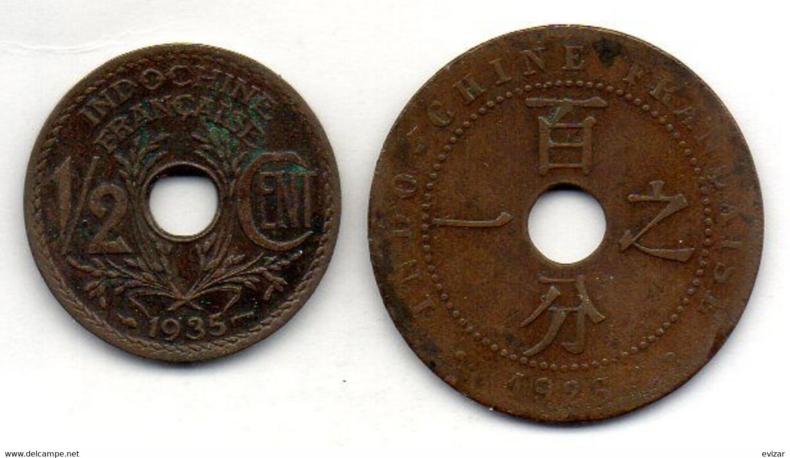 INDOCHINE FRANCAISE, Set Of Two Coins 1/2, 1 Centime, Bronze, Year 1935, 1926, KM # 20, 12.1 - Vietnam