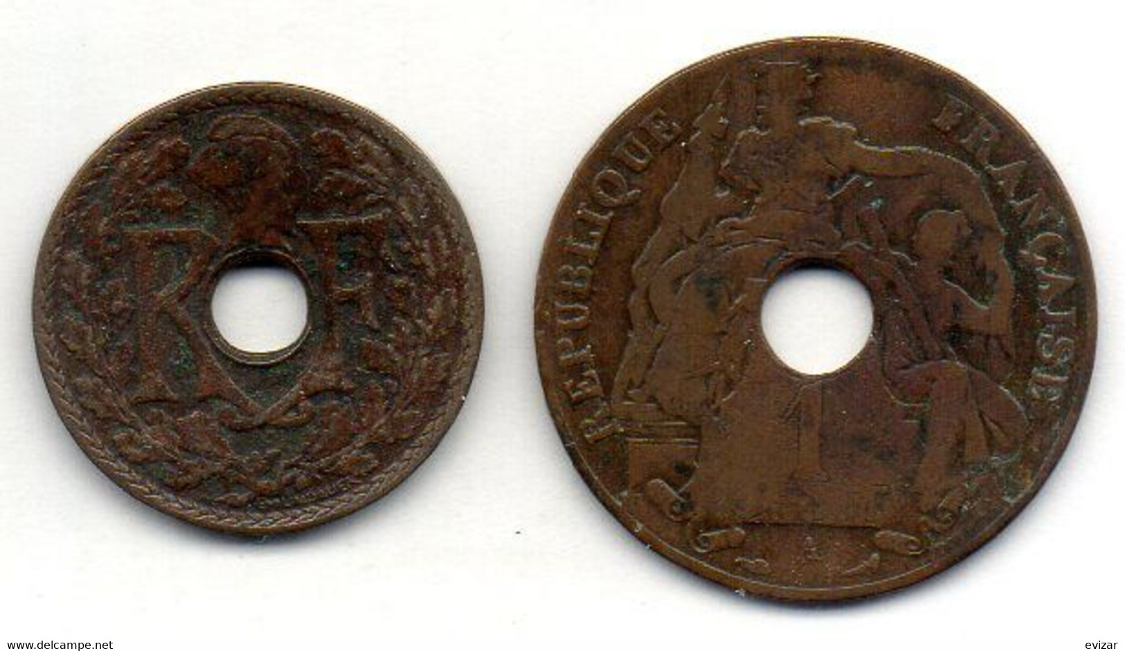 INDOCHINE FRANCAISE, Set Of Two Coins 1/2, 1 Centime, Bronze, Year 1935, 1926, KM # 20, 12.1 - Vietnam