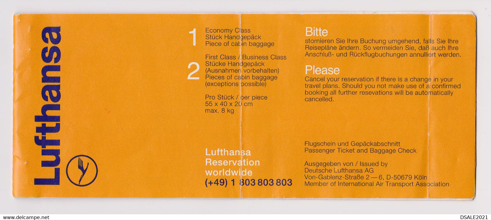 Germany German LUFTHANSA Airline Carrier Passenger Ticket 1997 Used (49182) - Europe