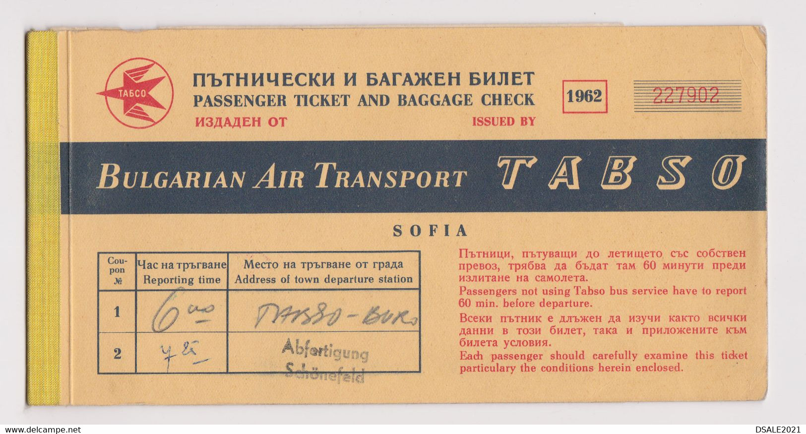 Joint Bulgaria Bulgarian Soviet Airline Carrier TABSO Airline Ticket 1962 Used Sofia-Berlin-Dresden (48622) - Europa