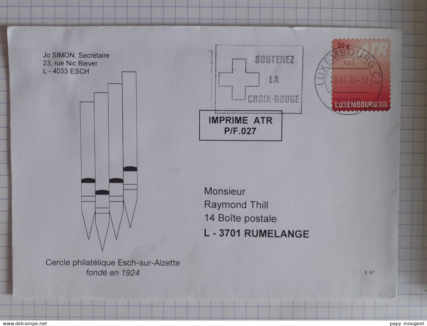 ATR 20g - Cachet De Luxembourg CT 20-04-2010 - Avec Indexation Automatique Au Dos - Storia Postale