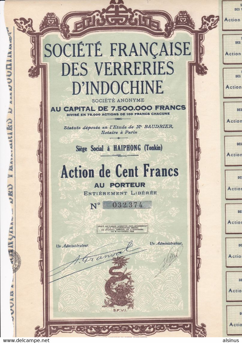 ACTION DE 100 FRANCS - SOCIETE DES VERRERIES D'INDOCHINE - HAIPHONG (TONKIN) - Asia