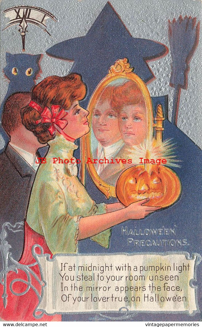 344429-Halloween, Nash No 2S-2a, Precautions, Woman Holds Lighted JOL & Man In Mirror - Halloween