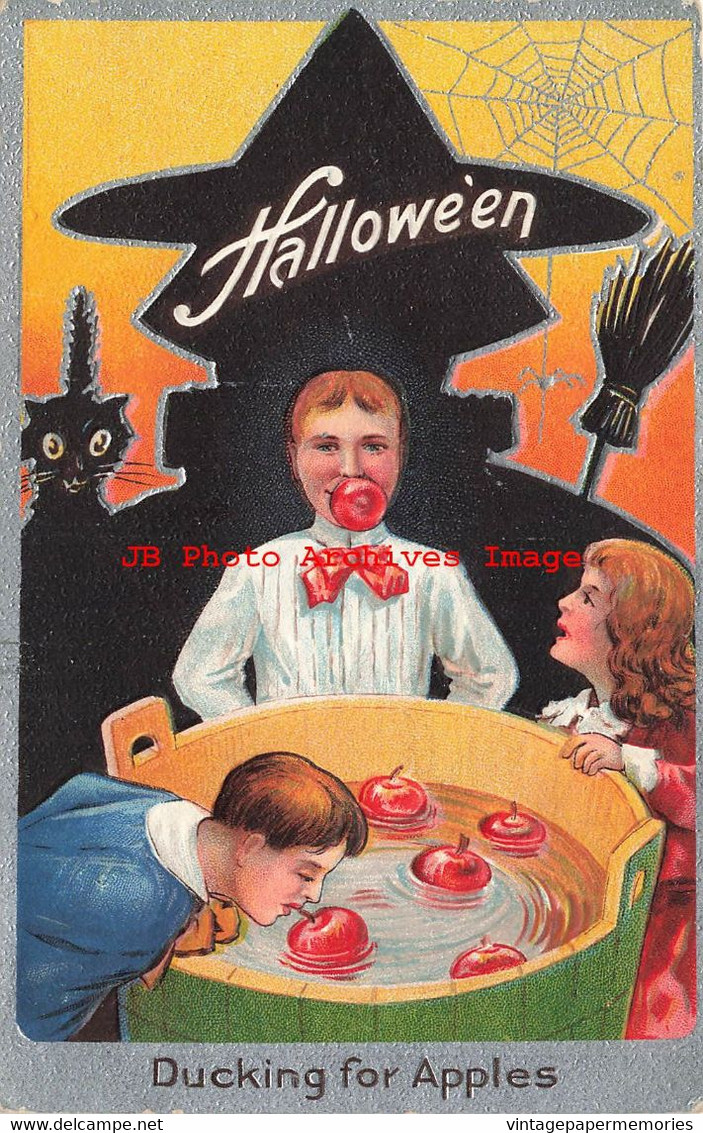 344437-Halloween, Nash No 2S-6a, Ducking For Apples, Witch Silhouette & Black Cat - Halloween