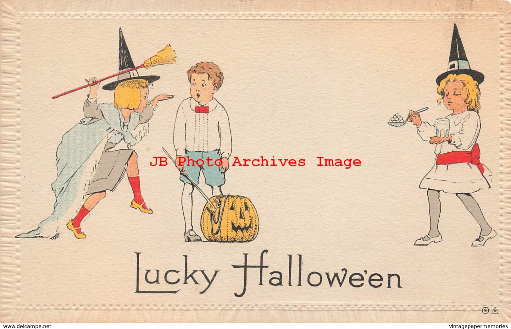 344539-Halloween, Nash No 8A-1, Two Girls Dressed As Witches Approaching Boy With JOL - Halloween