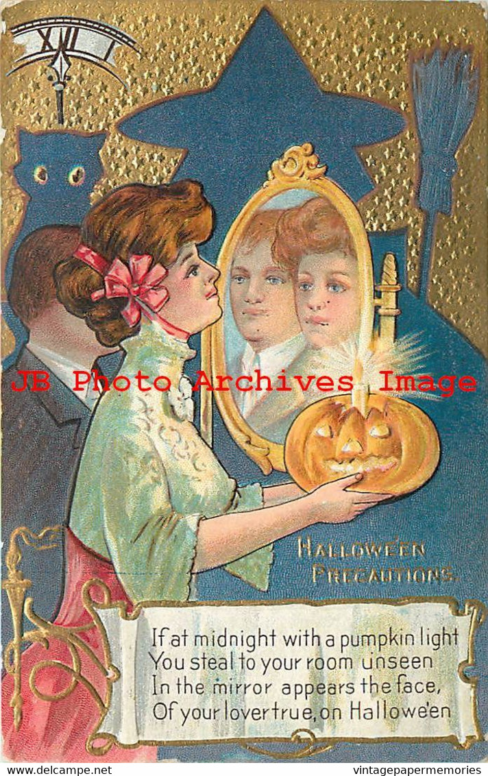291205-Halloween, Nash No 2G-2a, Precautions, Woman With Lighted JOL Sees Man In Mirror - Halloween