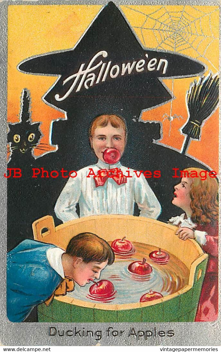 291233-Halloween, Nash No 2S-6a, Ducking For Apples, Witch Silhouette & Black Cat - Halloween