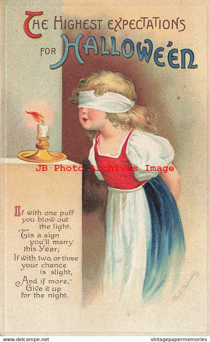 341735-Halloween, IAP No 1667-2, Clapsaddle, Blind Folded Girl Blowing Out A Candle - Halloween