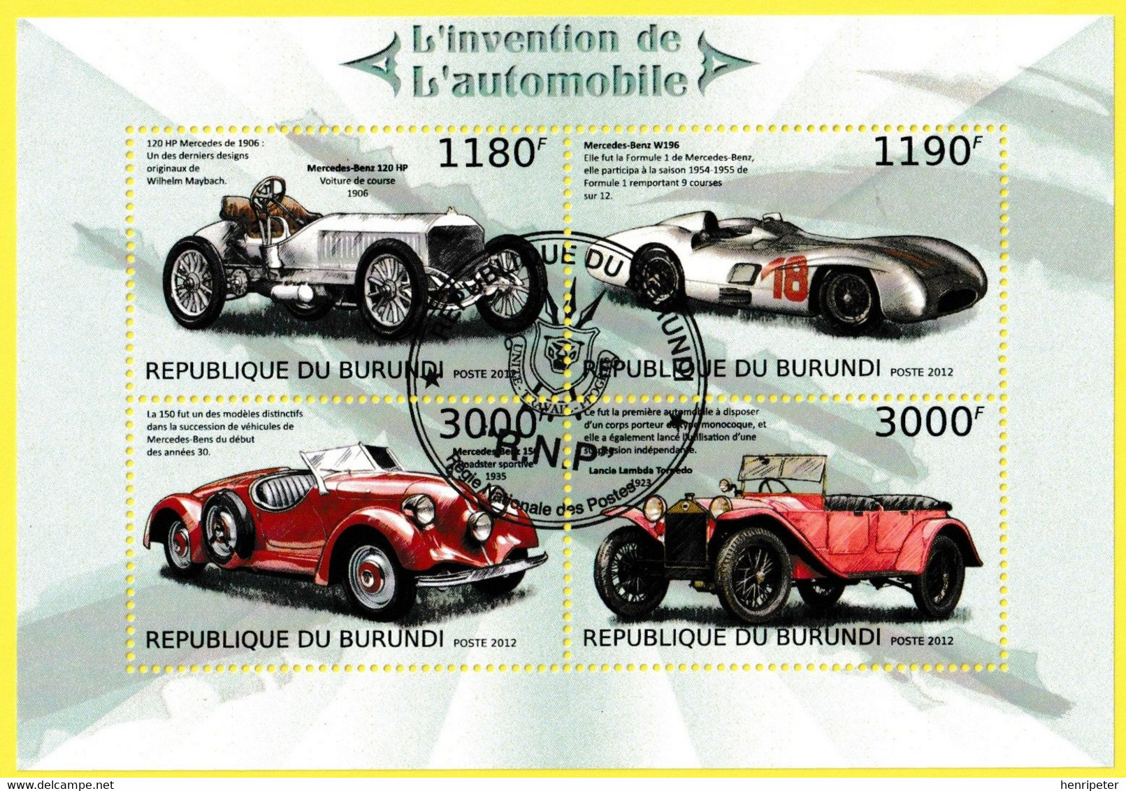 Petite Feuille De 4 T.-P. Oblitérés - Mercedes-Benz 120 HP, W195, 15 Lancia Lambda Torpedo - Burundi 2012 - Used Stamps