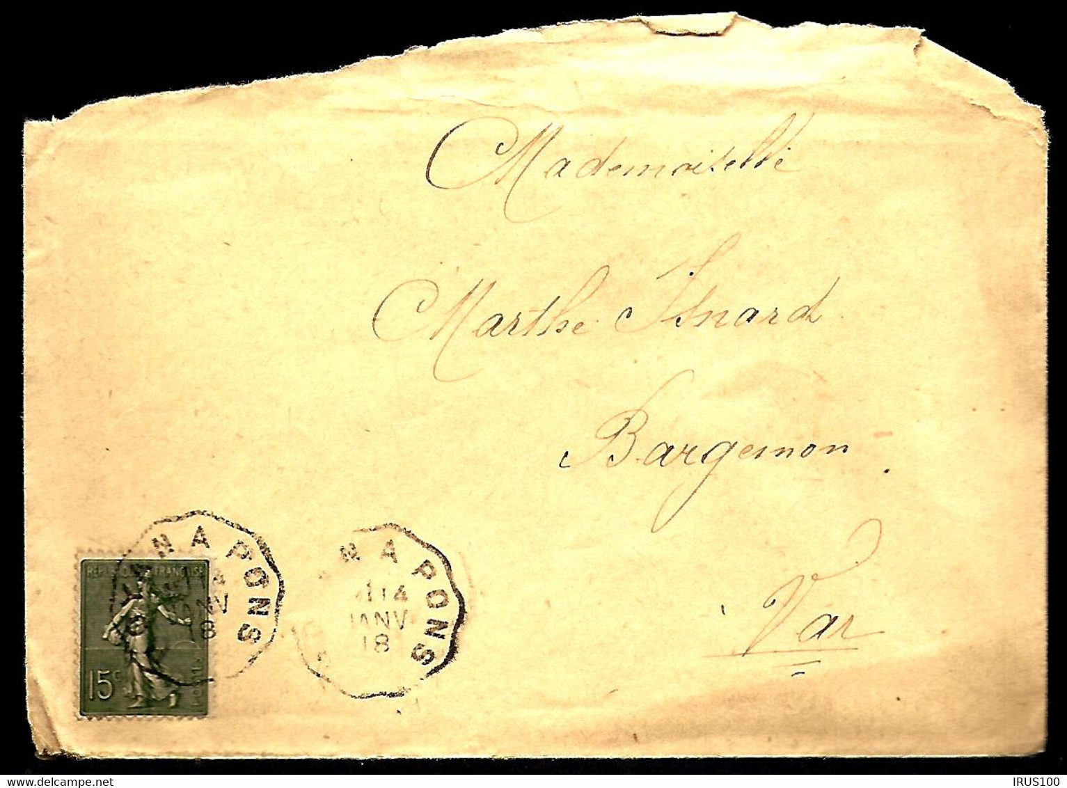 OBLITÉRATION FERROVIAIRE - DE ROYAN À PONS - 1918 - 15c SEMEUSE LIGNÉE - Railway Post