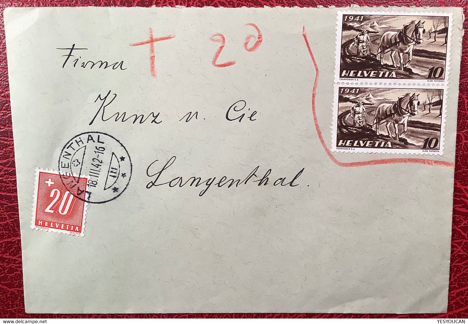 NICHT MEHR GÜLTIGE  ZNr 252 ORTS-BRIEF LANGENTHAL BERN 1942 Schweiz Nachportomarke(Portomarke WW2 War Agriculture Guerre - Strafportzegels