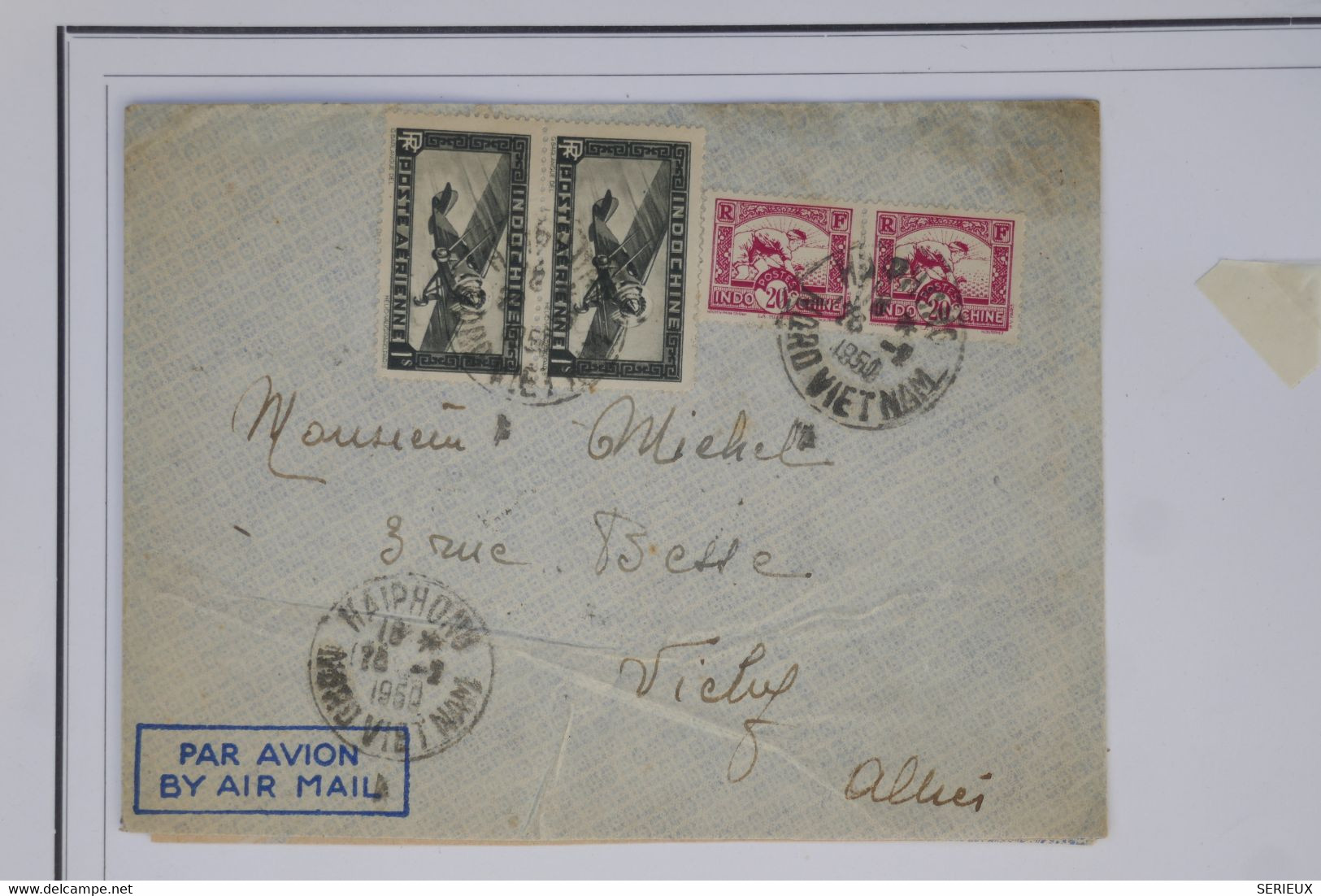 BB6  INDOCHINE  BELLE LETTRE 1950 HAIPHONG  POUR VICHY  +AEROPHILATELIE+PAIRES  DE TP ++AFFRANCH.INTERESSANT - Luftpost