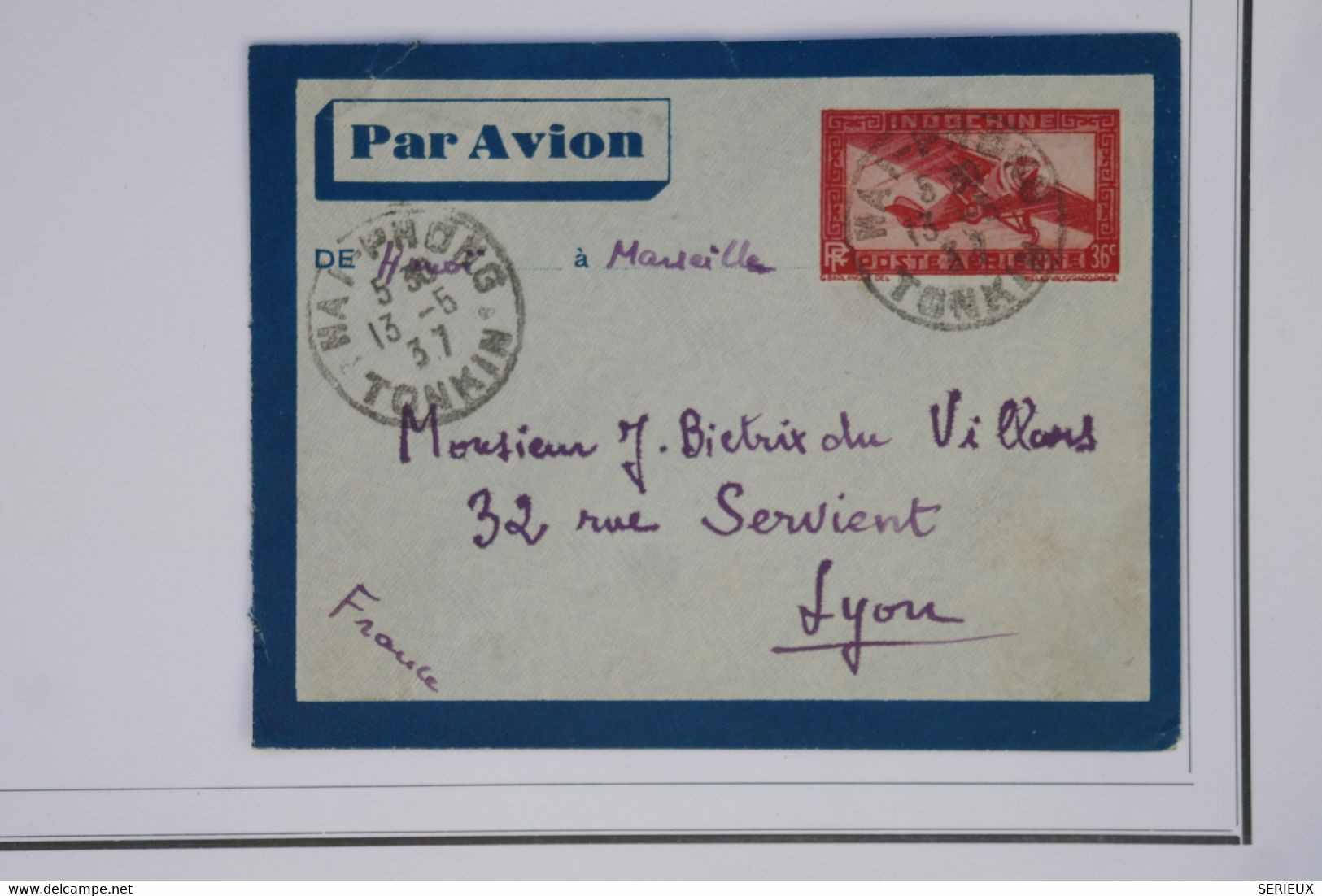 BB6  INDOCHINE  BELLE LETTRE1937 HANOI  TONKIN  POUR LYON FRANCE +++++AFFRANCH.INTERESSANT - Covers & Documents