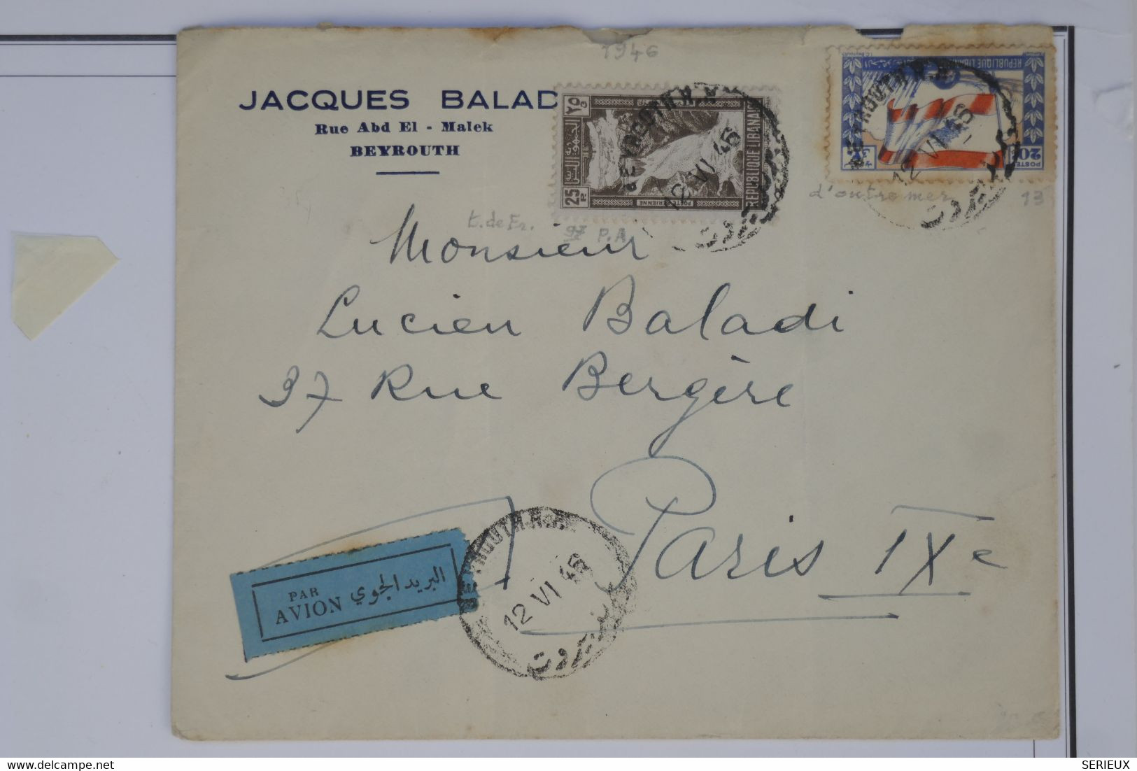 BB6 LIBAN  BELLE  LETTRE RRR  1946  BEYROUTH  POUR PARIS  +SURCHARGE ++ AFFRANCH. INTERESSANT - Briefe U. Dokumente