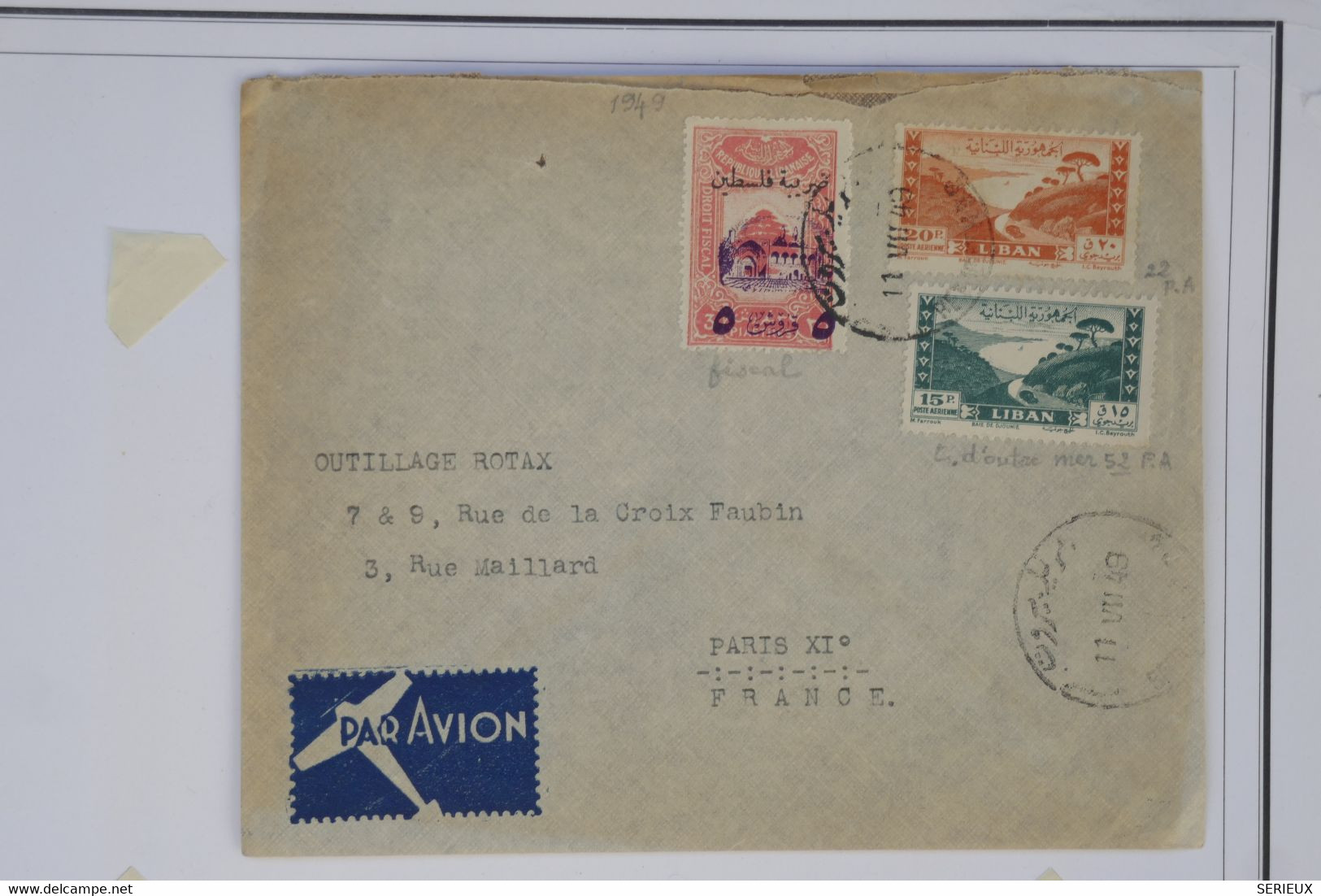 BB6 LIBAN  BELLE  LETTRE RRR  1949 BEYROUTH  POUR PARIS  +SURCHARGE  ++ AFFRANCH. INTERESSANT - Briefe U. Dokumente