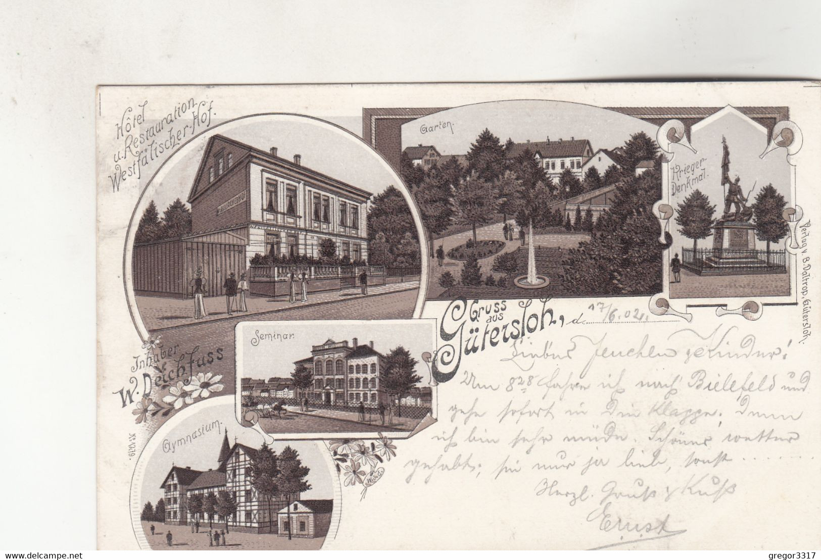 B5672) GRUSS Aus GÜTERSLOH - Hotel Westfälischer Hof Kriegerdenkmal Garten Gymnasium Seminar LITHO 17.6.1902 !! - Guetersloh