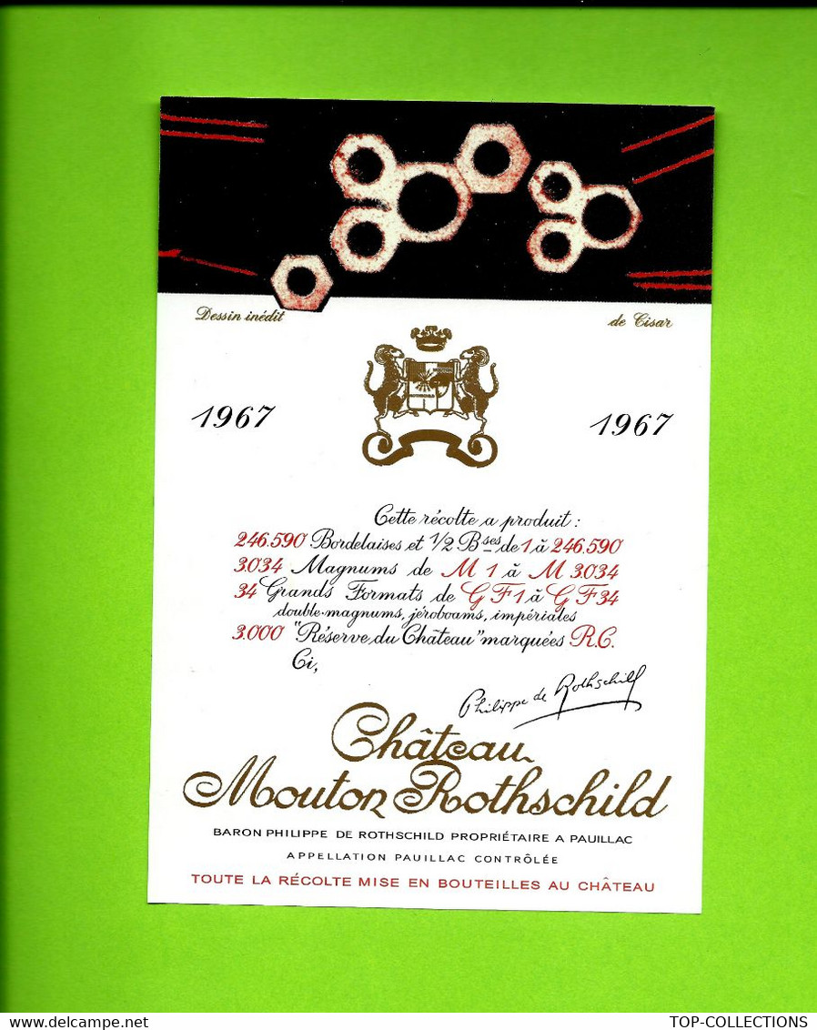 SUPERBE ETIQUETTE  1967 CHATEAU MOUTON ROTHSCHILD DESSIN INEDIT De César B.E.V.SCANS - Collections