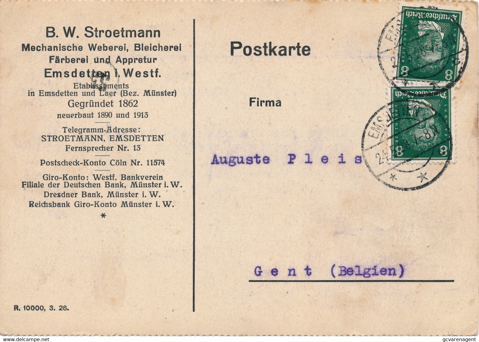 EMSDETTEN - BEDRIEFSCARTE - B.W. STROETMANN - MECHANISCHE WEBEREI  BLEICHEREI      -   2 SCANS - Emsdetten